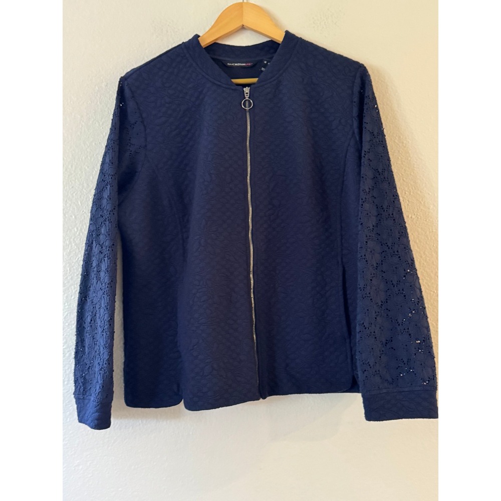 Isaac Mizrahi Live Quilted Lace Sleeve Bomber Jacket XL Navy Blue Excellent